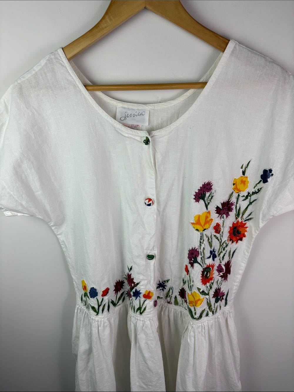 Vintage Jessica 100% cotton White Embroidered Floral Button-Front Midi size M/L - Picture 3 of 10
